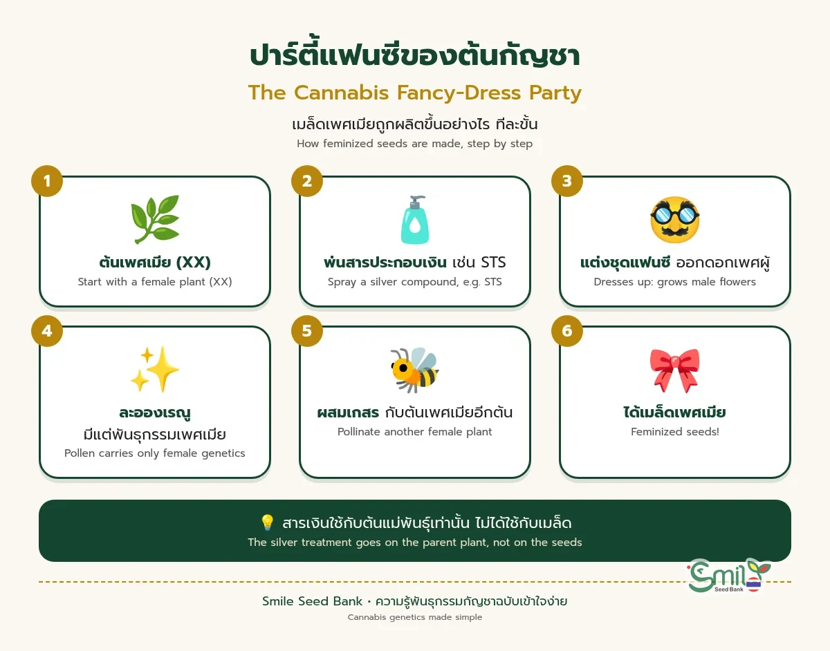 อินโฟกราฟิก 6 ขั้นตอนการผลิตเมล็ดเพศเมีย: ต้นเพศเมีย พ่นสารประกอบเงินเช่น STS ต้นออกดอกเพศผู้เหมือนแต่งชุดแฟนซี ละอองเรณูมีแต่พันธุกรรมเพศเมีย นำไปผสมกับต้นเพศเมียอีกต้น ได้เมล็ดเพศเมีย