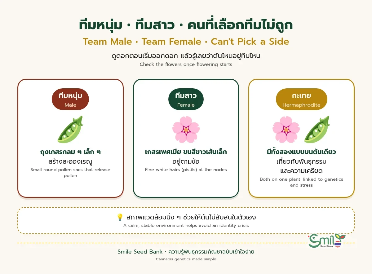 ภาพเปรียบเทียบดอกกัญชาสามแบบ: ทีมหนุ่มมีถุงเกสรกลมเล็ก ทีมสาวมีเกสรเพศเมียเป็นขนสีขาวตามข้อ และต้นกะเทยมีทั้งสองแบบบนต้นเดียว ซึ่งเกี่ยวกับพันธุกรรมและความเครียด