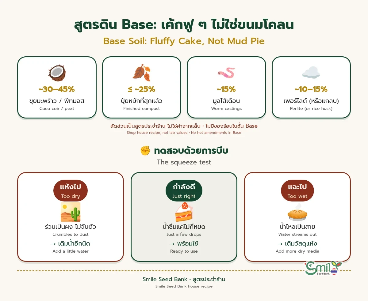 การ์ดสูตรดิน Base ของร้าน ขุยมะพร้าวหรือพีทมอสราว 30–45% ปุ๋ยหมักที่สุกแล้วไม่เกินราว 25% มูลไส้เดือนราว 15% และเพอร์ไลต์หรือแกลบราว 10–15% พร้อมการทดสอบด้วยการบีบ แห้งไปร่วนเป็นผง กำลังดีมีน้ำซึมไม่กี่หยด แฉะไปน้ำไหลเป็นสาย