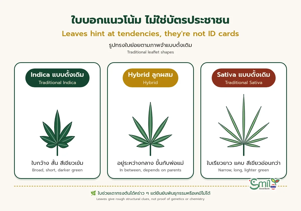 แผนภาพเปรียบเทียบรูปทรงใบกัญชาแบบดั้งเดิม 3 แบบ: Indica ใบกว้างสั้นสีเข้ม, Hybrid ใบระหว่างกลาง, Sativa ใบเรียวยาวสีอ่อนกว่า พร้อมข้อความว่าใบบอกแนวโน้มได้ แต่ยืนยันพันธุกรรมหรือเคมีไม่ได้