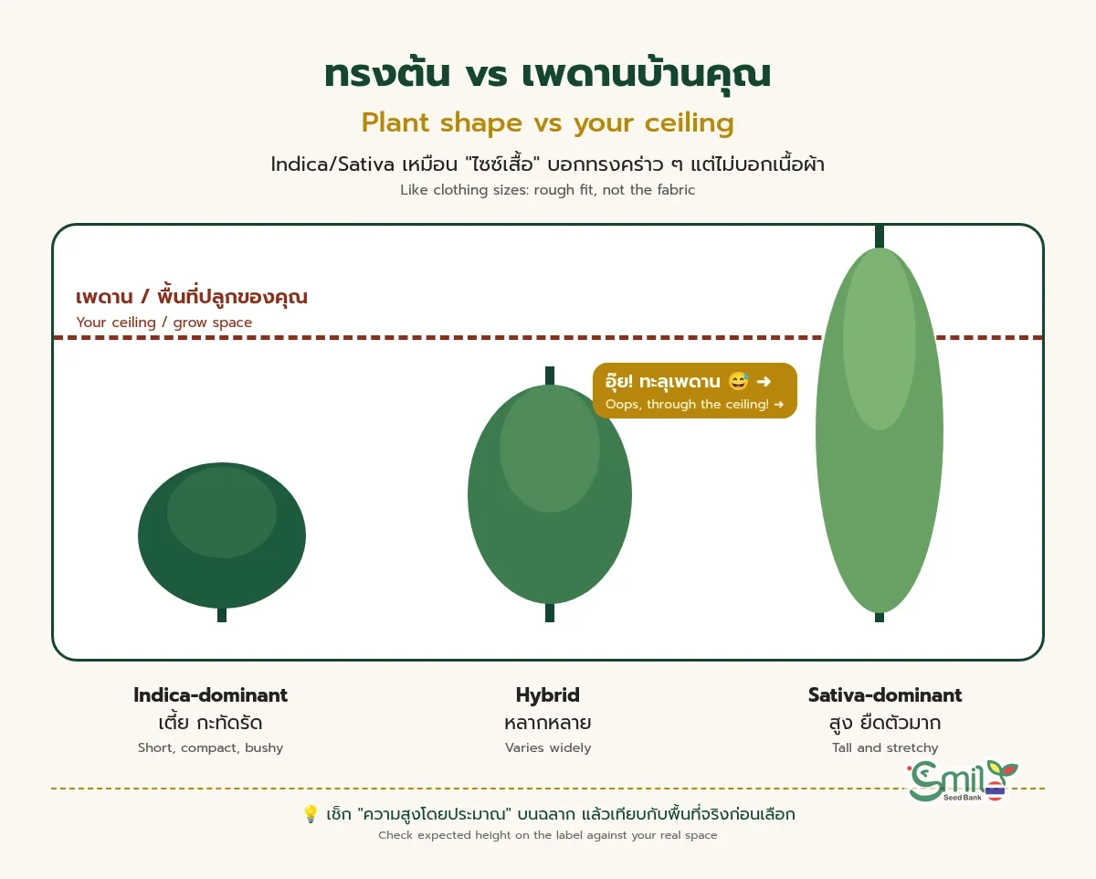 ภาพเปรียบเทียบความสูงของต้น Indica-dominant ที่เตี้ยกะทัดรัด, Hybrid ที่หลากหลาย และ Sativa-dominant ที่สูงจนทะลุเส้นเพดาน เตือนให้เช็กความสูงโดยประมาณบนฉลากเทียบกับพื้นที่ปลูกจริง