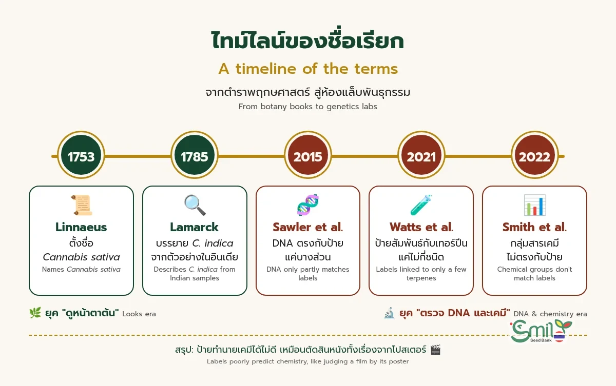 ไทม์ไลน์ของชื่อเรียกกัญชา: 1753 Linnaeus ตั้งชื่อ Cannabis sativa, 1785 Lamarck บรรยาย C. indica, 2015 Sawler et al. พบว่า DNA ตรงกับป้ายแค่บางส่วน, 2021 Watts et al. พบว่าป้ายสัมพันธ์กับเทอร์ปีนไม่กี่ชนิด, 2022 Smith et al. พบว่ากลุ่มสารเคมีไม่ตรงกับป้าย
