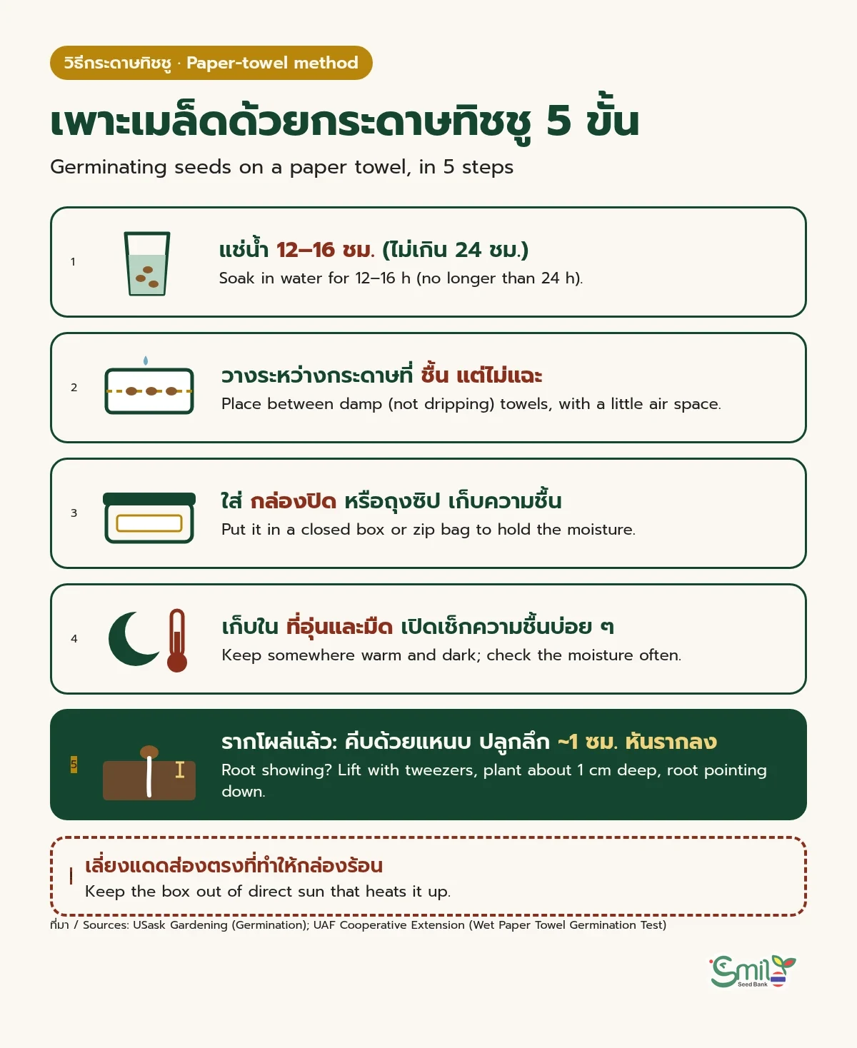 ขั้นตอนเพาะเมล็ดด้วยกระดาษทิชชู 5 ขั้น: แช่น้ำ 12–16 ชั่วโมงแต่ไม่เกิน 24 ชั่วโมง, วางเมล็ดระหว่างกระดาษที่ชื้นแต่ไม่แฉะ, ใส่กล่องปิดหรือถุงซิปเพื่อเก็บความชื้น, เก็บในที่อุ่นและมืดและเช็กความชื้นบ่อย ๆ, เมื่อรากโผล่ให้คีบด้วยแหนบแล้วปลูกลึกประมาณ 1 ซม. โดยหันรากลง พร้อมคำเตือนให้เลี่ยงแดดส่องตรงที่ทำให้กล่องร้อน
