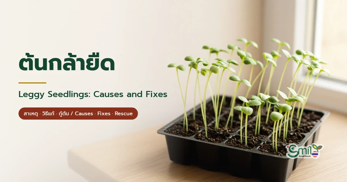 ถาดเพาะบนขอบหน้าต่าง ต้นกล้าที่มีแต่ใบเลี้ยงกลมส่วนใหญ่ลำต้นยาวผอมเอนไปทางแสงจากหน้าต่าง มีต้นเตี้ยแข็งแรงสองสามต้นด้านหน้า พร้อมหัวข้อ "ต้นกล้ายืด" และ "Leggy Seedlings: Causes and Fixes"